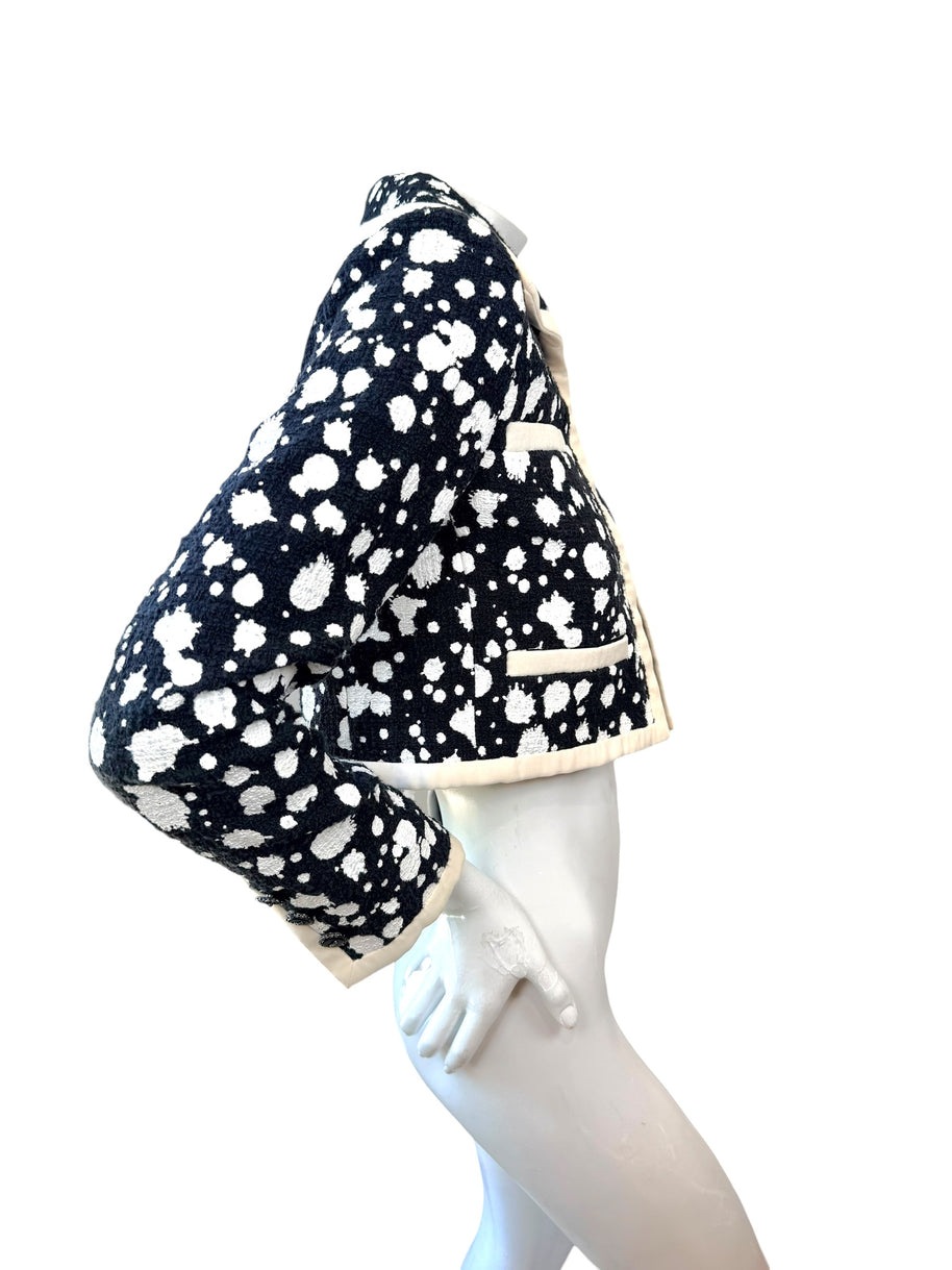 Chanel 2015 Bouclé Cropped Jacket Black White FR38