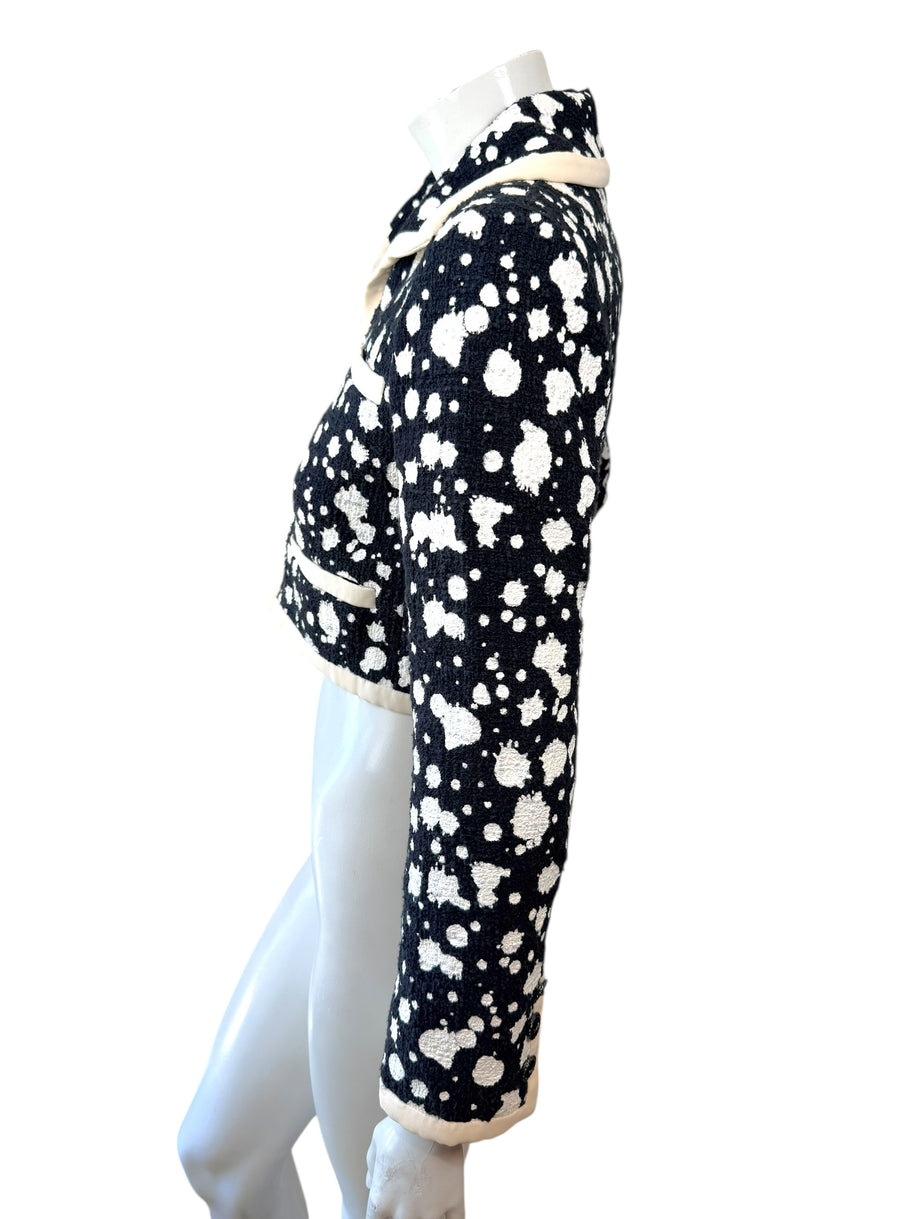 Chanel 2015 Bouclé Cropped Jacket Black White FR38