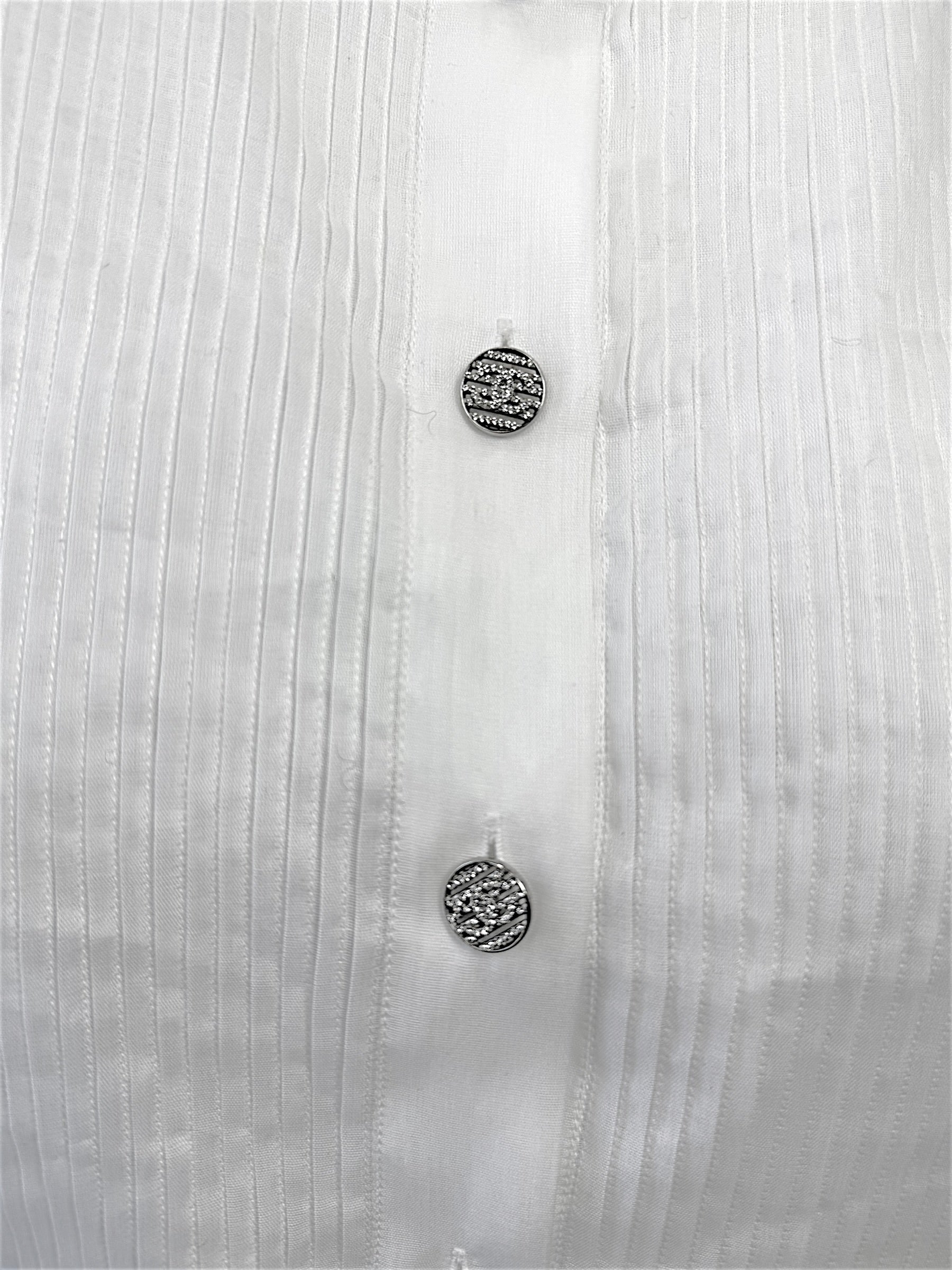 Chanel White Silk Pleated Tuxedo Blouse CC Buttons Size 34