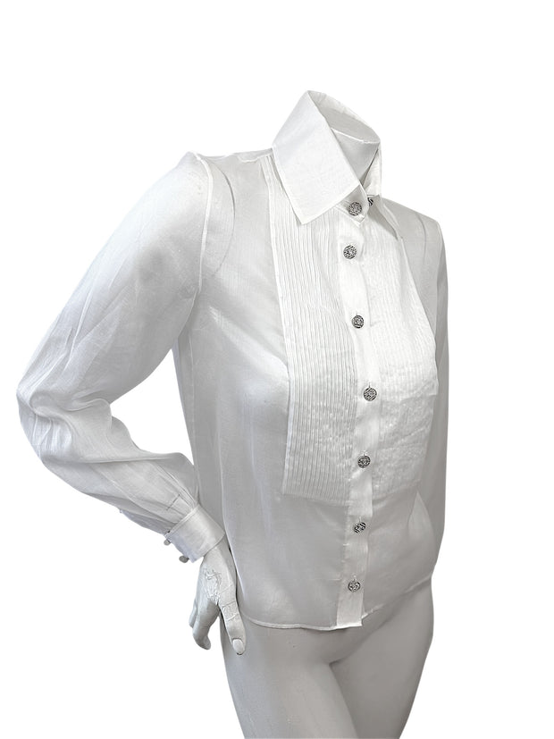 Chanel White Silk Pleated Tuxedo Blouse CC Buttons Size 34