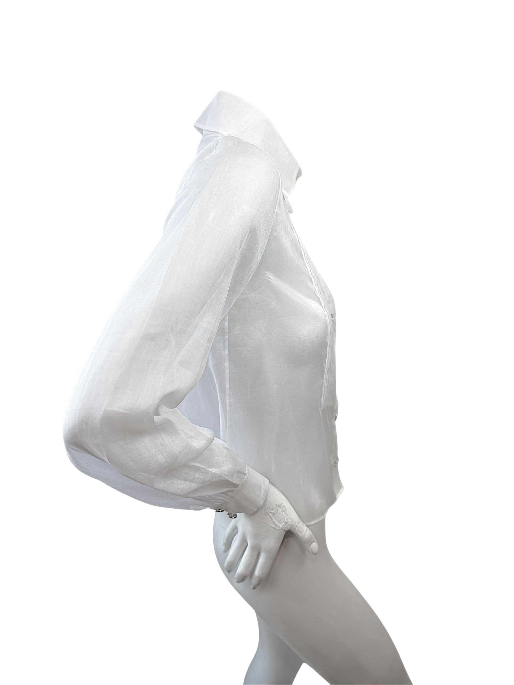 Chanel White Silk Pleated Tuxedo Blouse CC Buttons Size 34