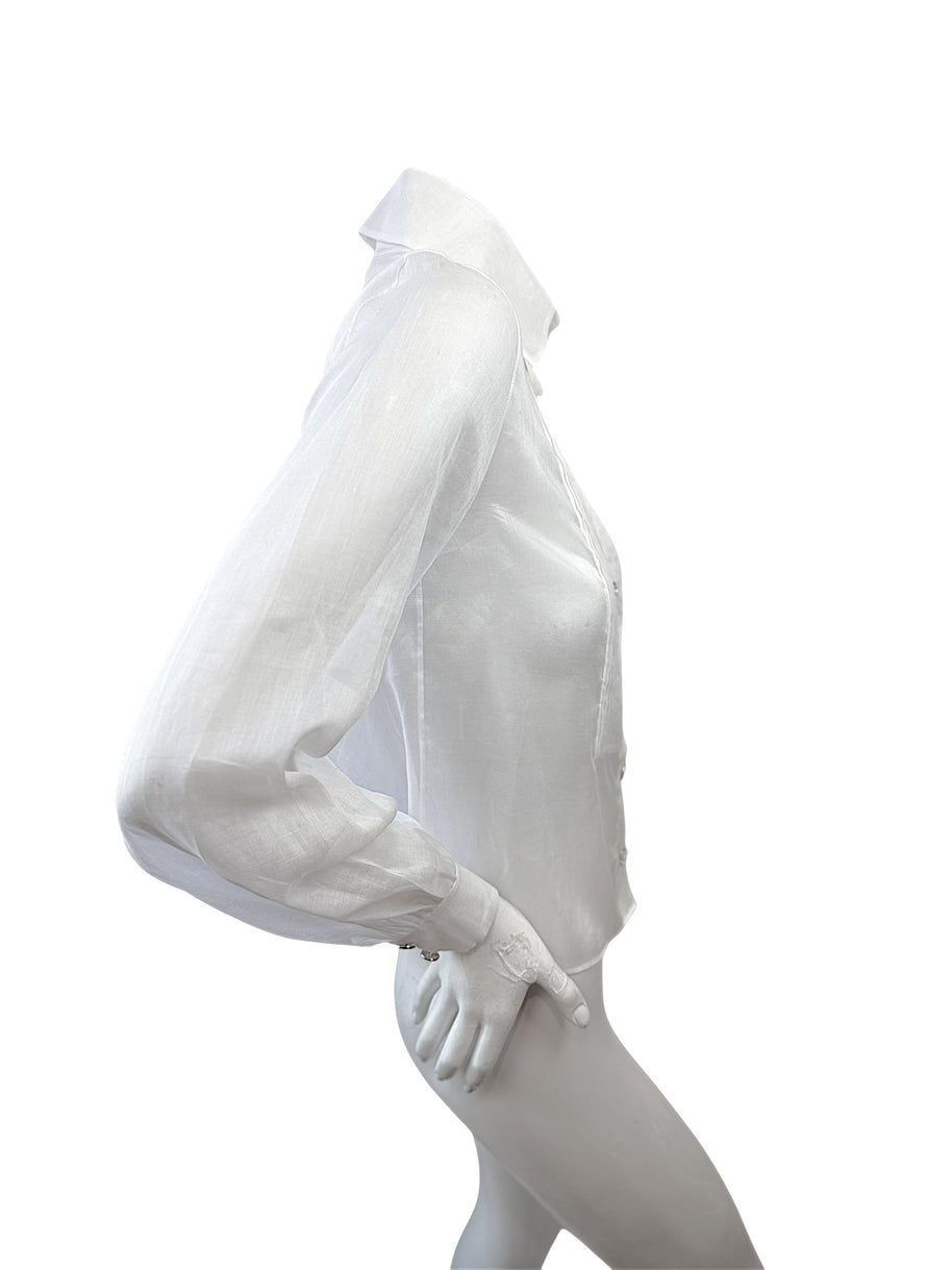 Chanel White Silk Pleated Tuxedo Blouse CC Buttons Size 34