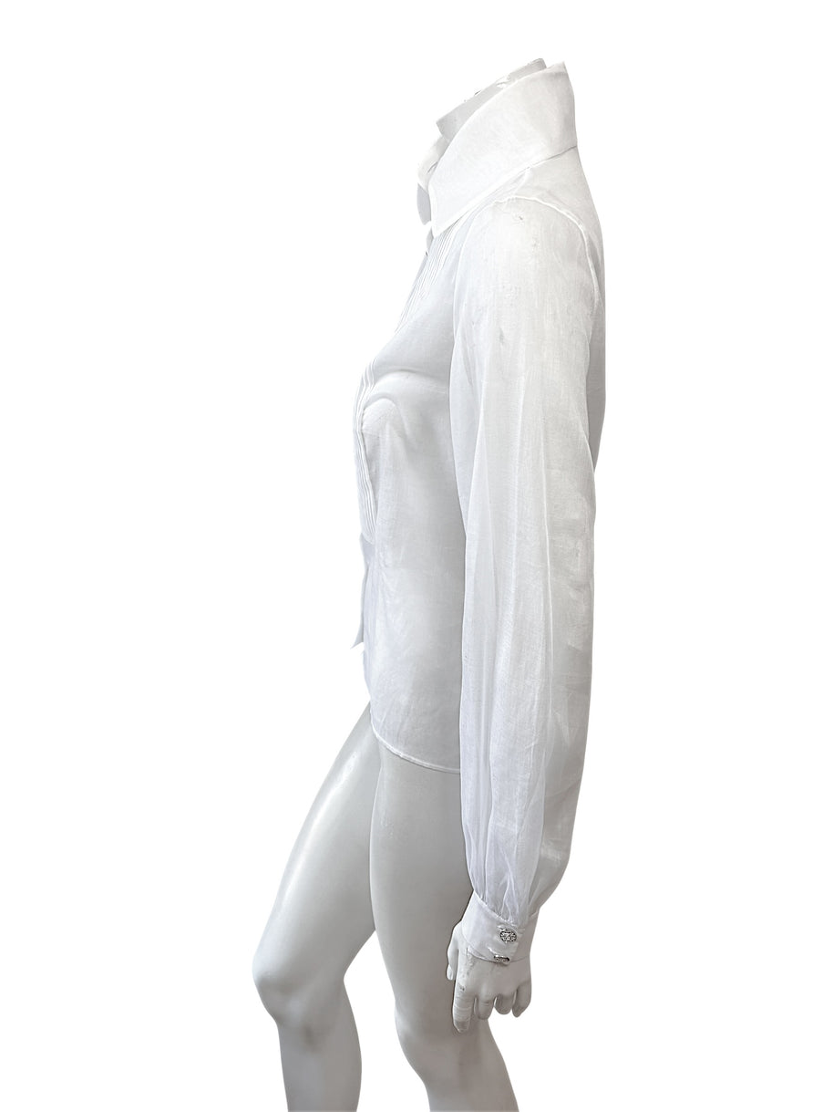 Chanel White Silk Pleated Tuxedo Blouse CC Buttons Size 34