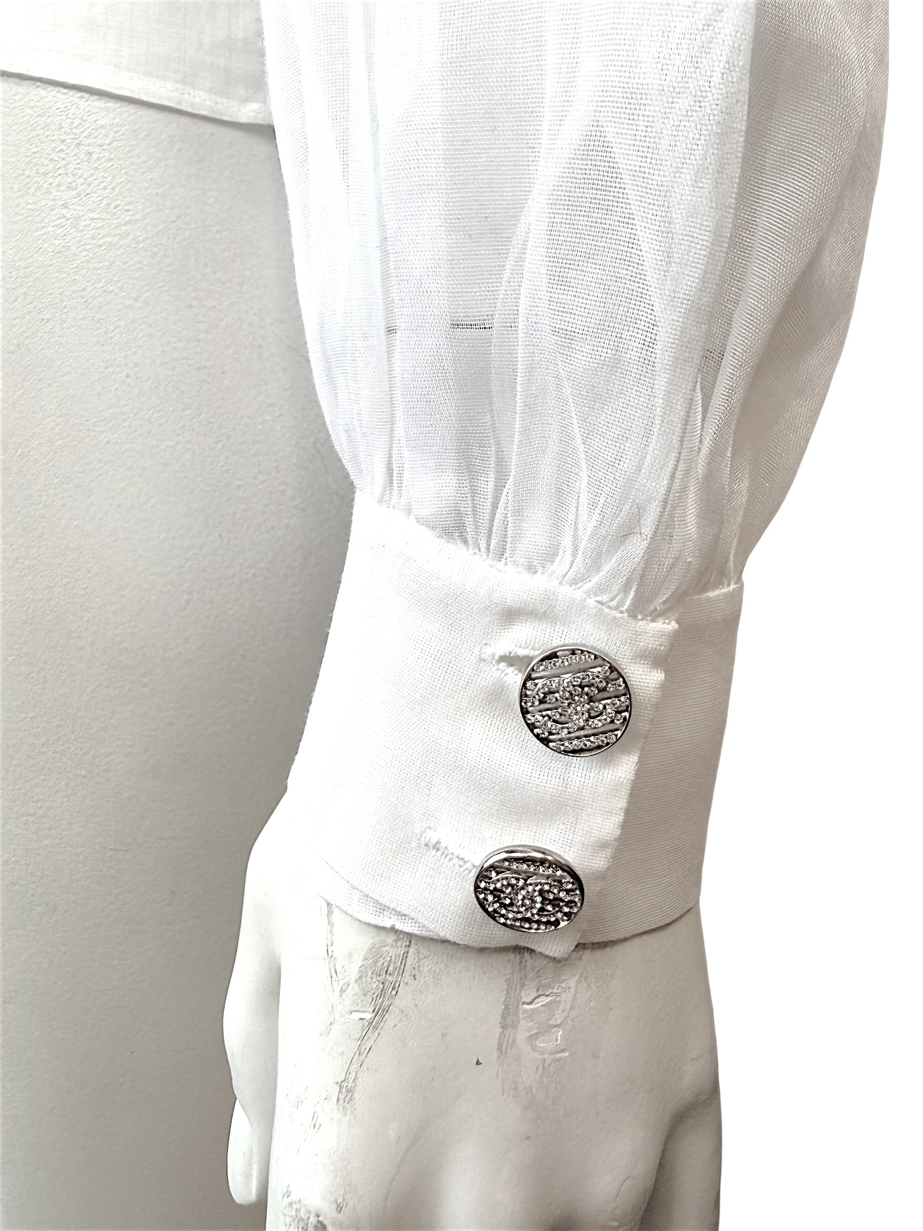 Chanel White Silk Pleated Tuxedo Blouse CC Buttons Size 34