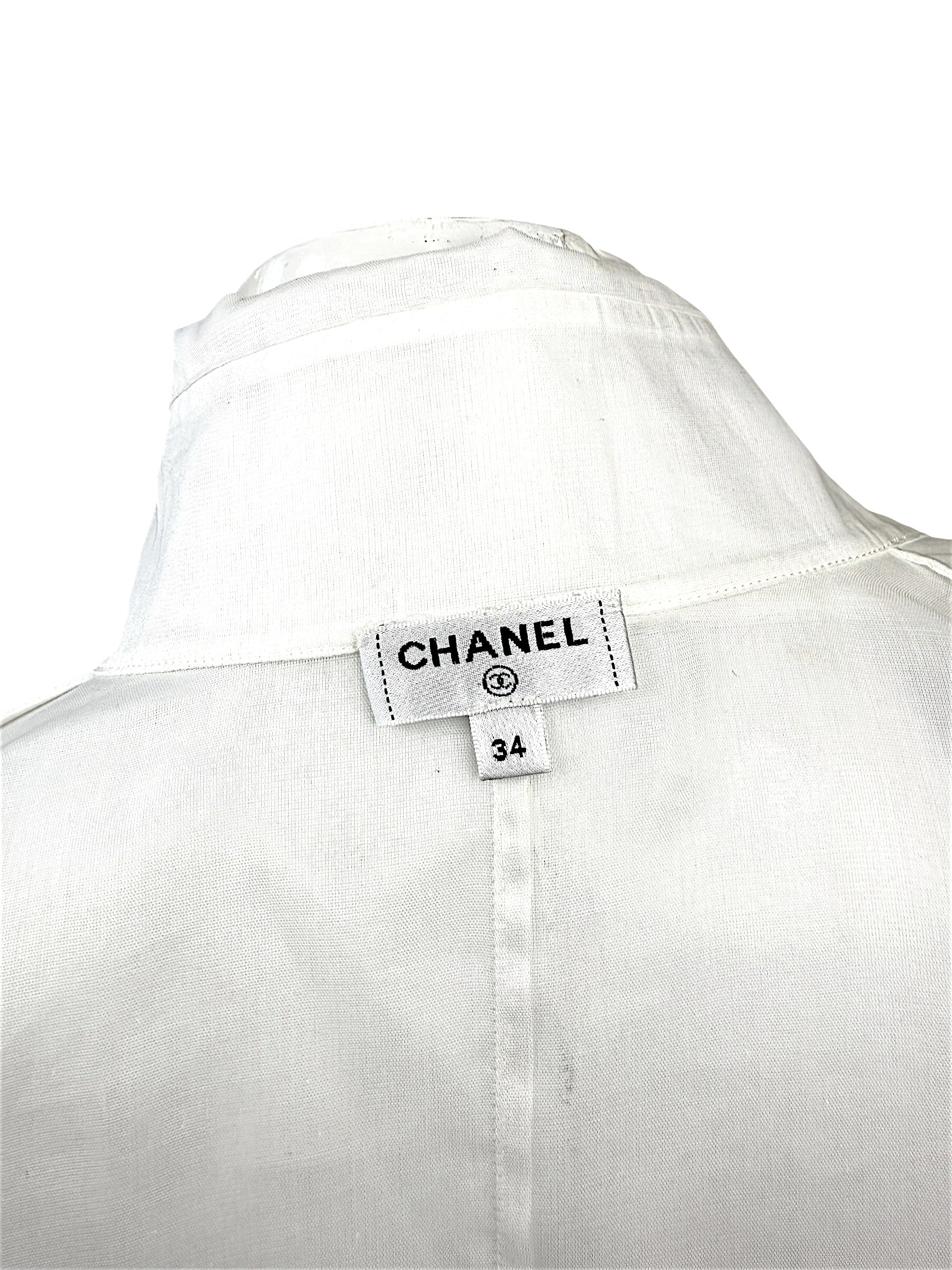Chanel White Silk Pleated Tuxedo Blouse CC Buttons Size 34