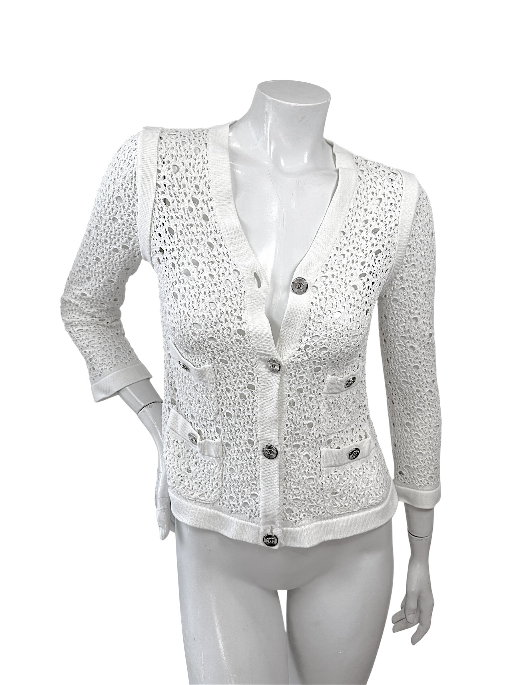 Chanel White Openwork Knit Cardigan Jacket CC Buttons