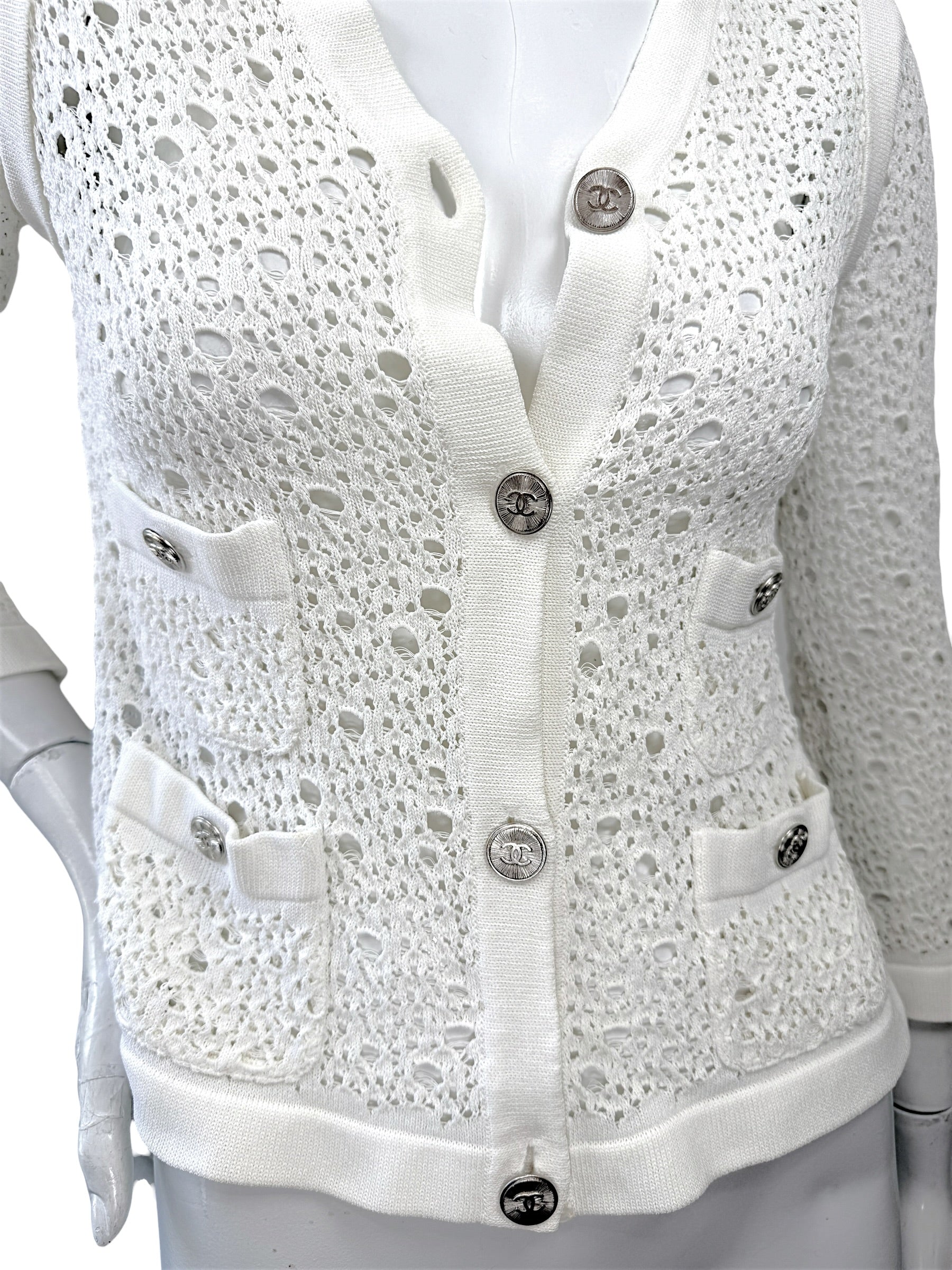 Chanel White Openwork Knit Cardigan Jacket CC Buttons