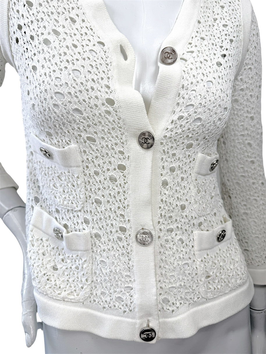 Chanel White Openwork Knit Cardigan Jacket CC Buttons