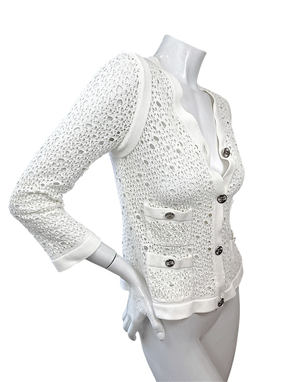 Chanel White Openwork Knit Cardigan Jacket CC Buttons