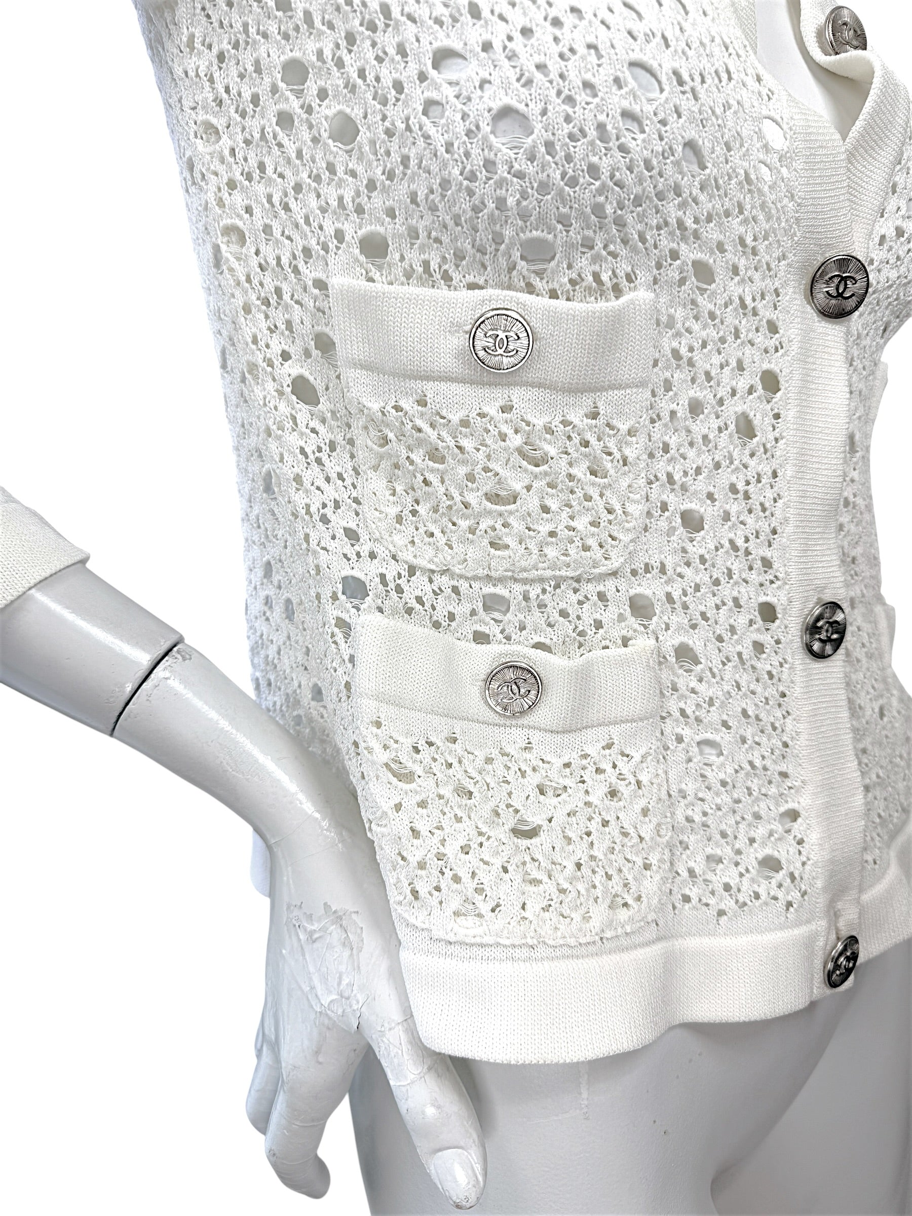 Chanel White Openwork Knit Cardigan Jacket CC Buttons