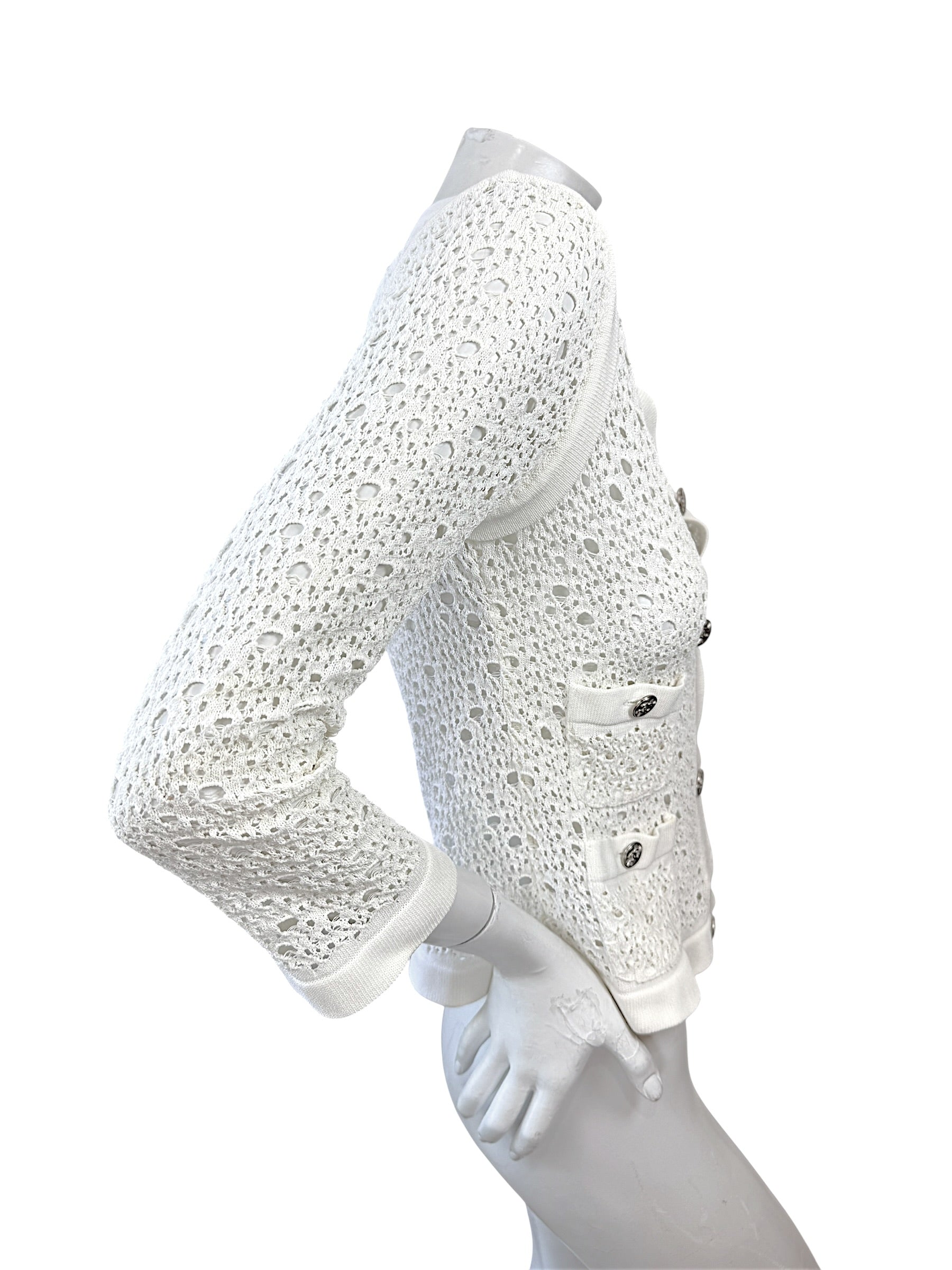 Chanel White Openwork Knit Cardigan Jacket CC Buttons