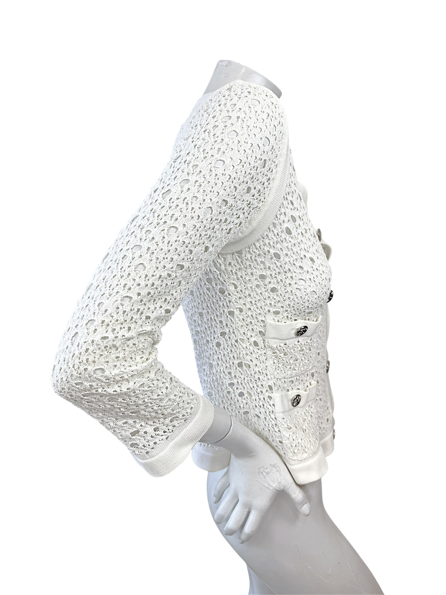 Chanel White Openwork Knit Cardigan Jacket CC Buttons