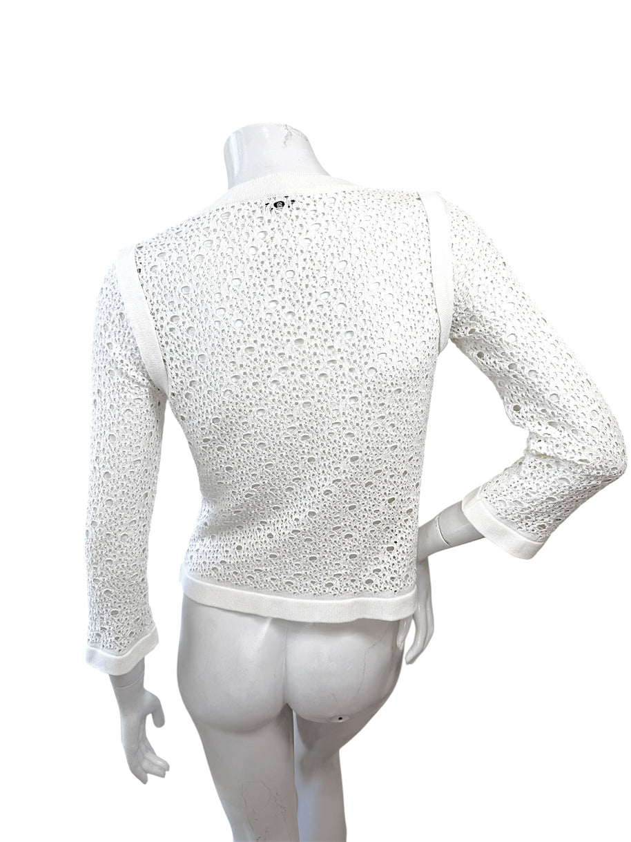 Chanel White Openwork Knit Cardigan Jacket CC Buttons