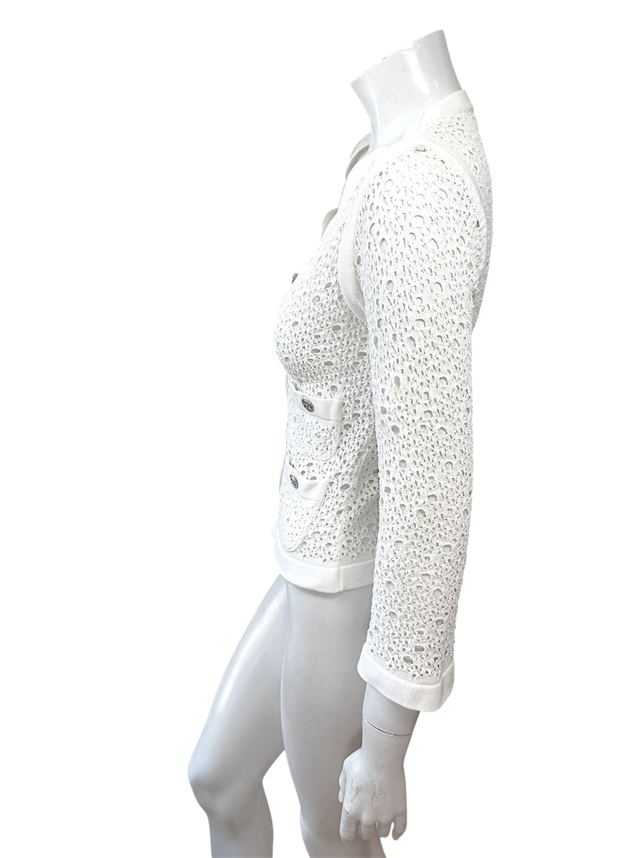 Chanel White Openwork Knit Cardigan Jacket CC Buttons