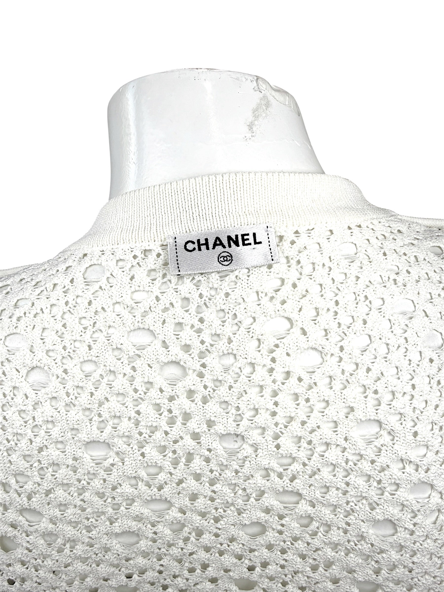 Chanel White Openwork Knit Cardigan Jacket CC Buttons