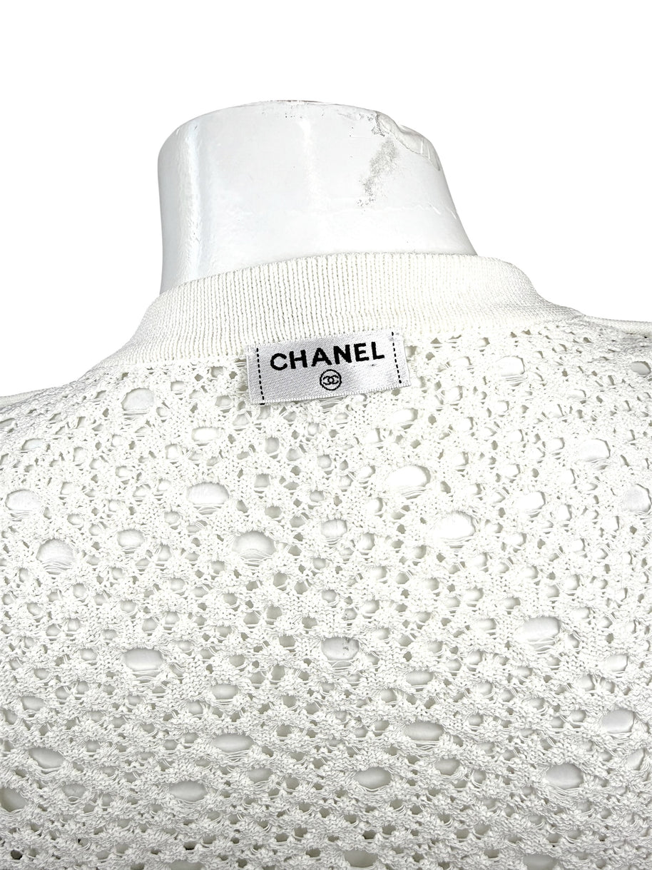 Chanel White Openwork Knit Cardigan Jacket CC Buttons