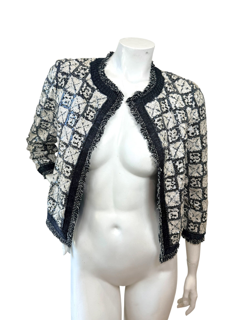 Chanel Sequin Cropped Jacket Black Ivory Size 34