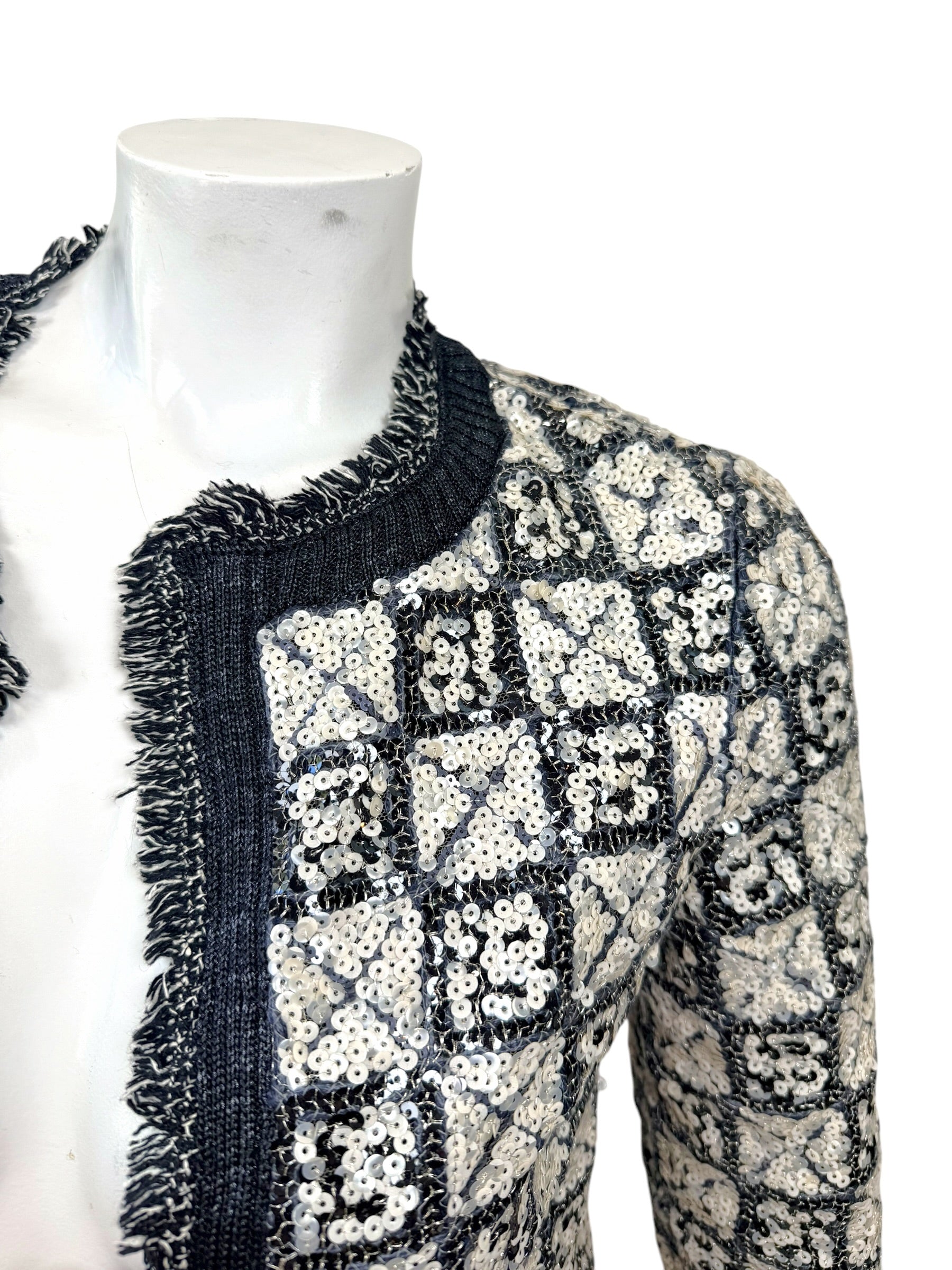 Chanel Sequin Cropped Jacket Black Ivory Size 34