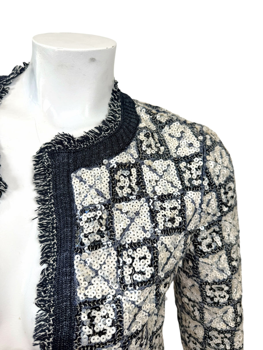 Chanel Sequin Cropped Jacket Black Ivory Size 34