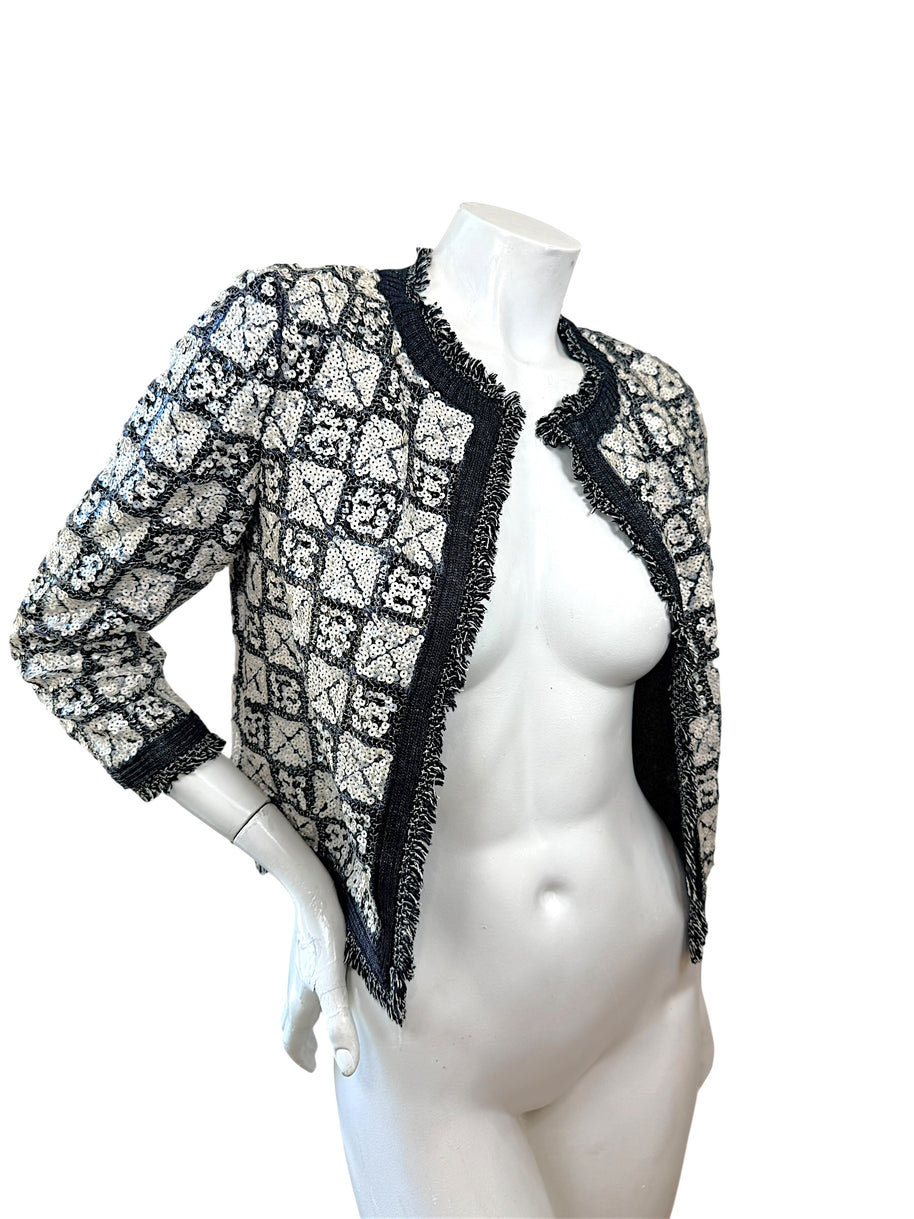 Chanel Sequin Cropped Jacket Black Ivory Size 34