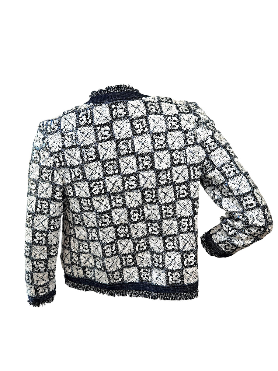 Chanel Sequin Cropped Jacket Black Ivory Size 34