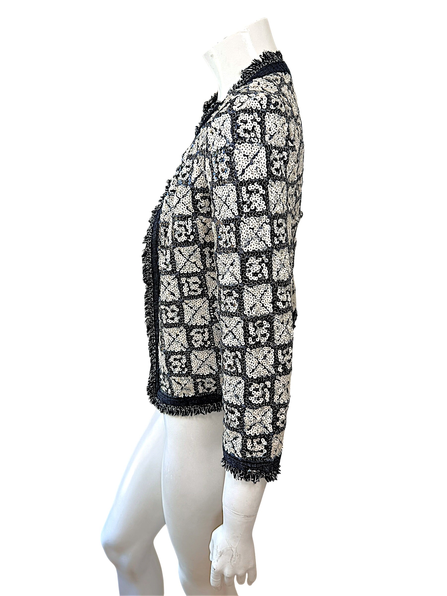 Chanel Sequin Cropped Jacket Black Ivory Size 34