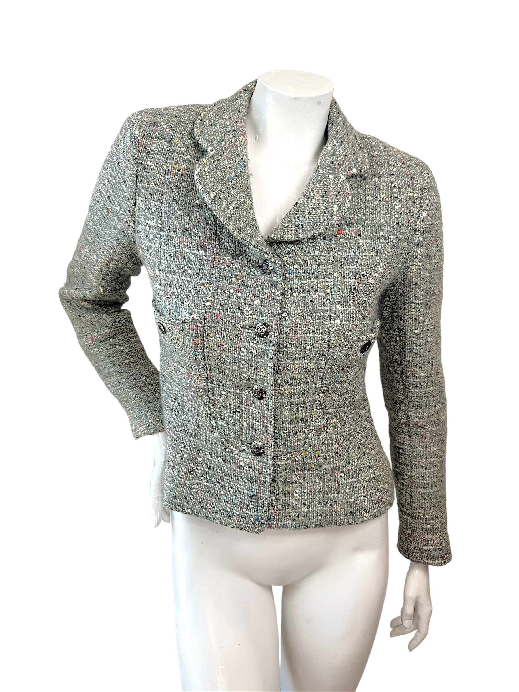 Vintage Chanel 1997A Confetti Tweed Jacket Grey FR36