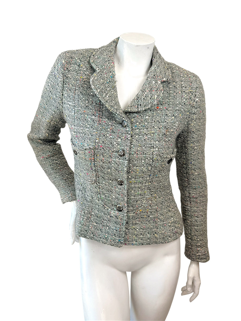 Vintage Chanel 1997A Confetti Tweed Jacket Grey FR36