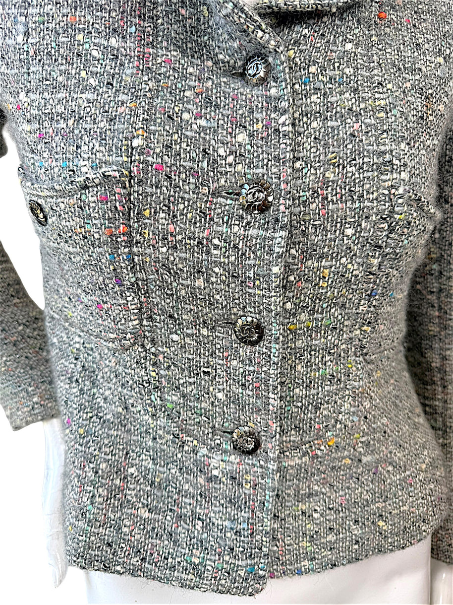 Vintage Chanel 1997A Confetti Tweed Jacket Grey FR36