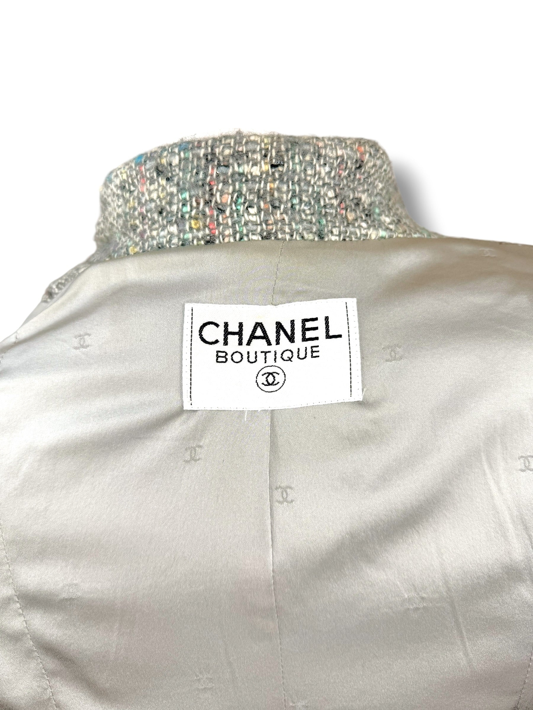 Vintage Chanel 1997A Confetti Tweed Jacket Grey FR36