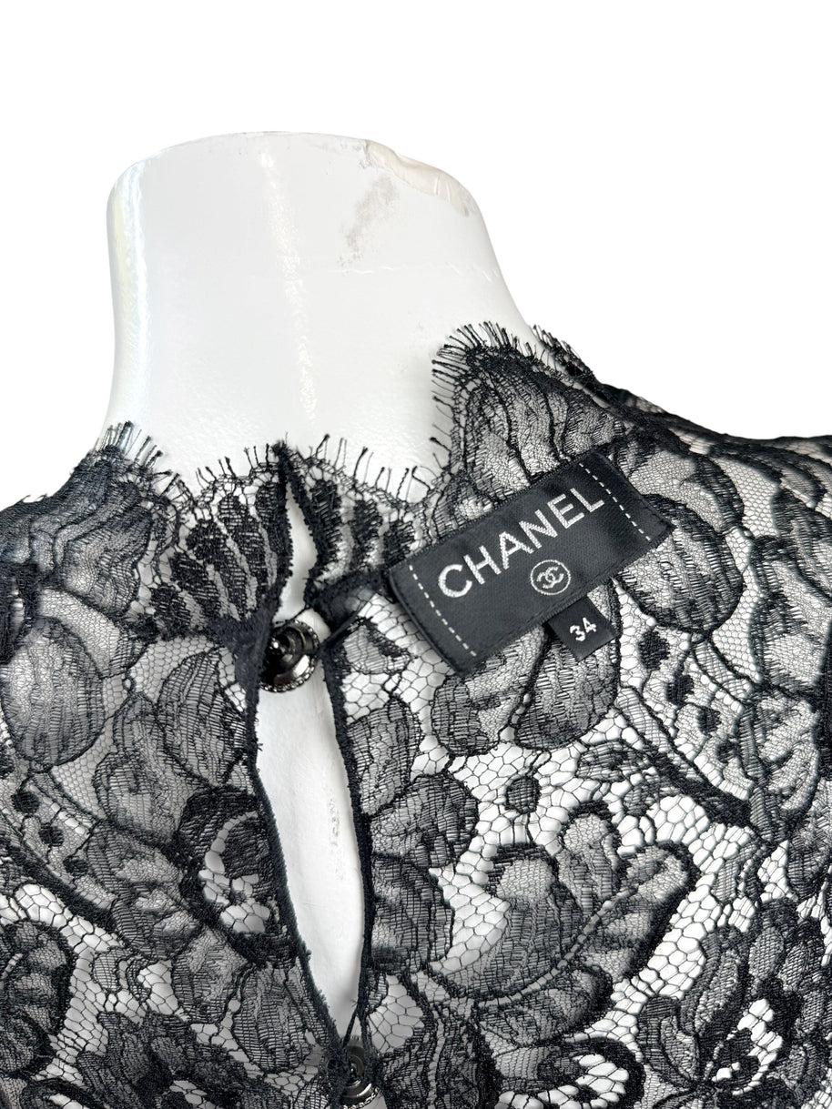 Chanel Black Lace Blouse & Silk Camisole Set FR34