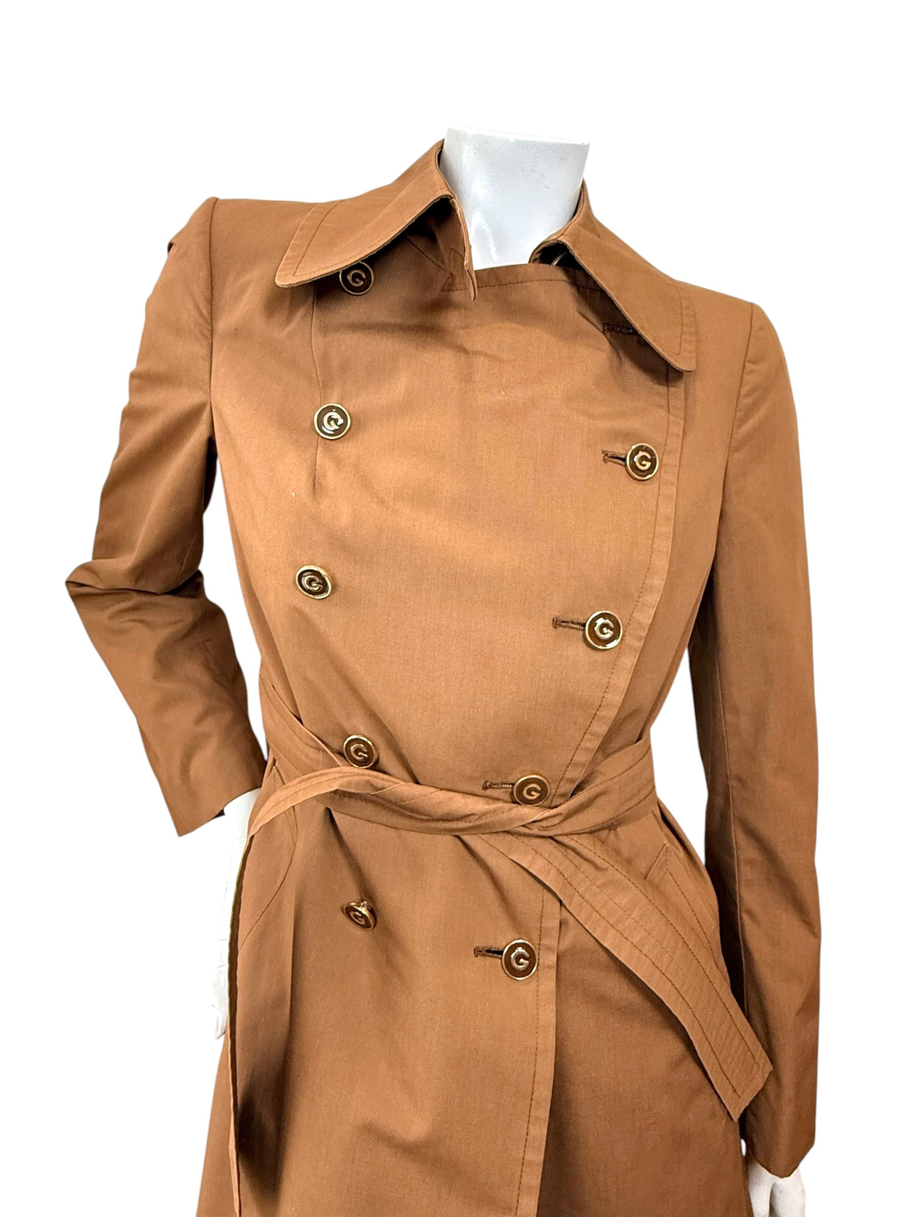 Vintage Gucci Camel Belted Trench Coat Silk Lined US 6