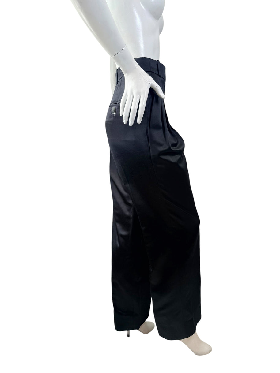 Chanel 2019 Black Silk Tailored Trousers CC Buttons FR36