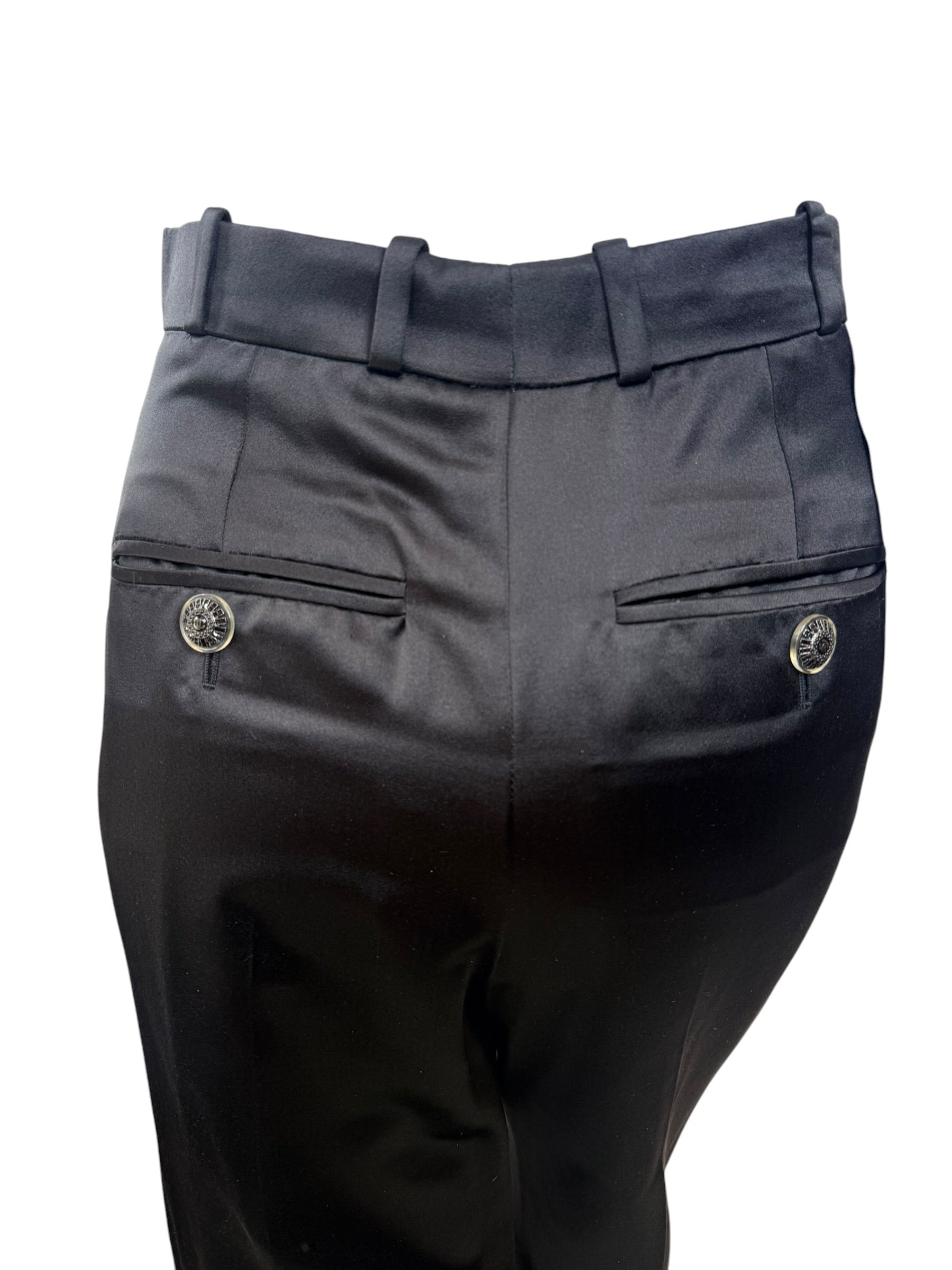Chanel 2019 Black Silk Tailored Trousers CC Buttons FR36