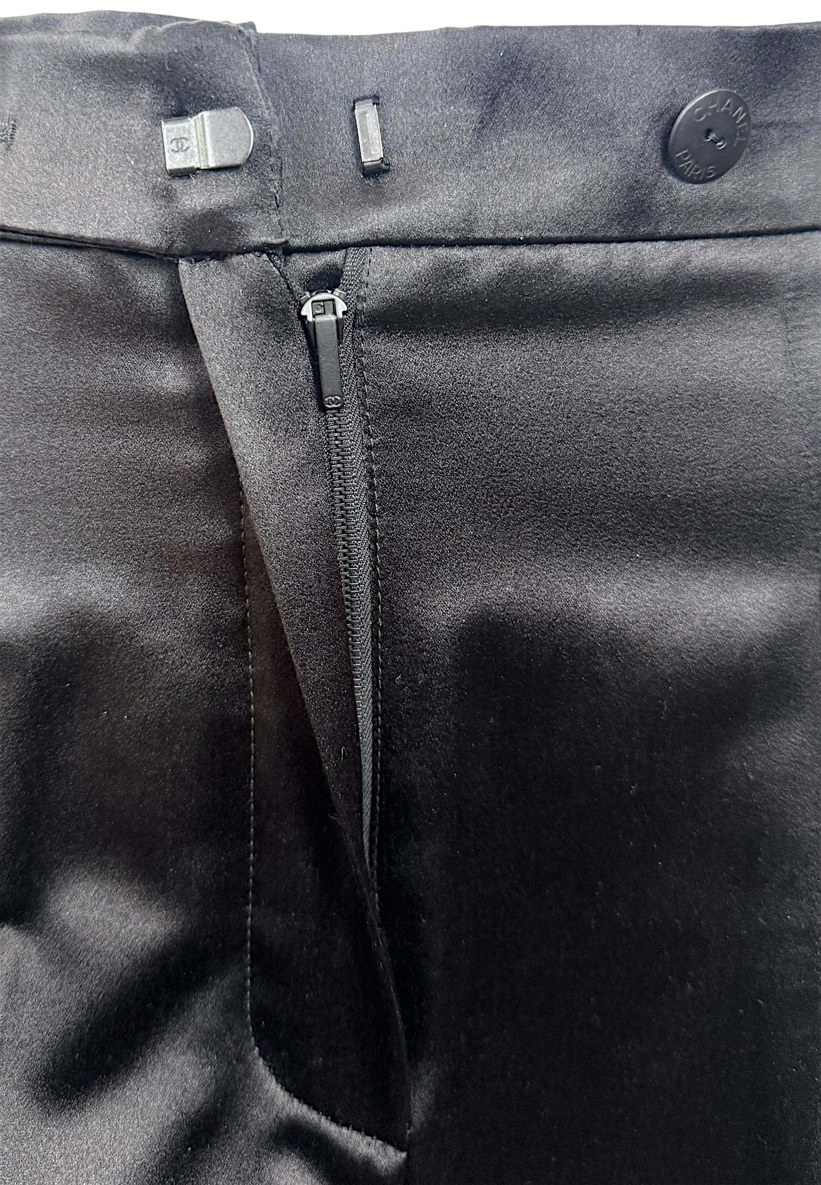 Chanel 2019 Black Silk Tailored Trousers CC Buttons FR36