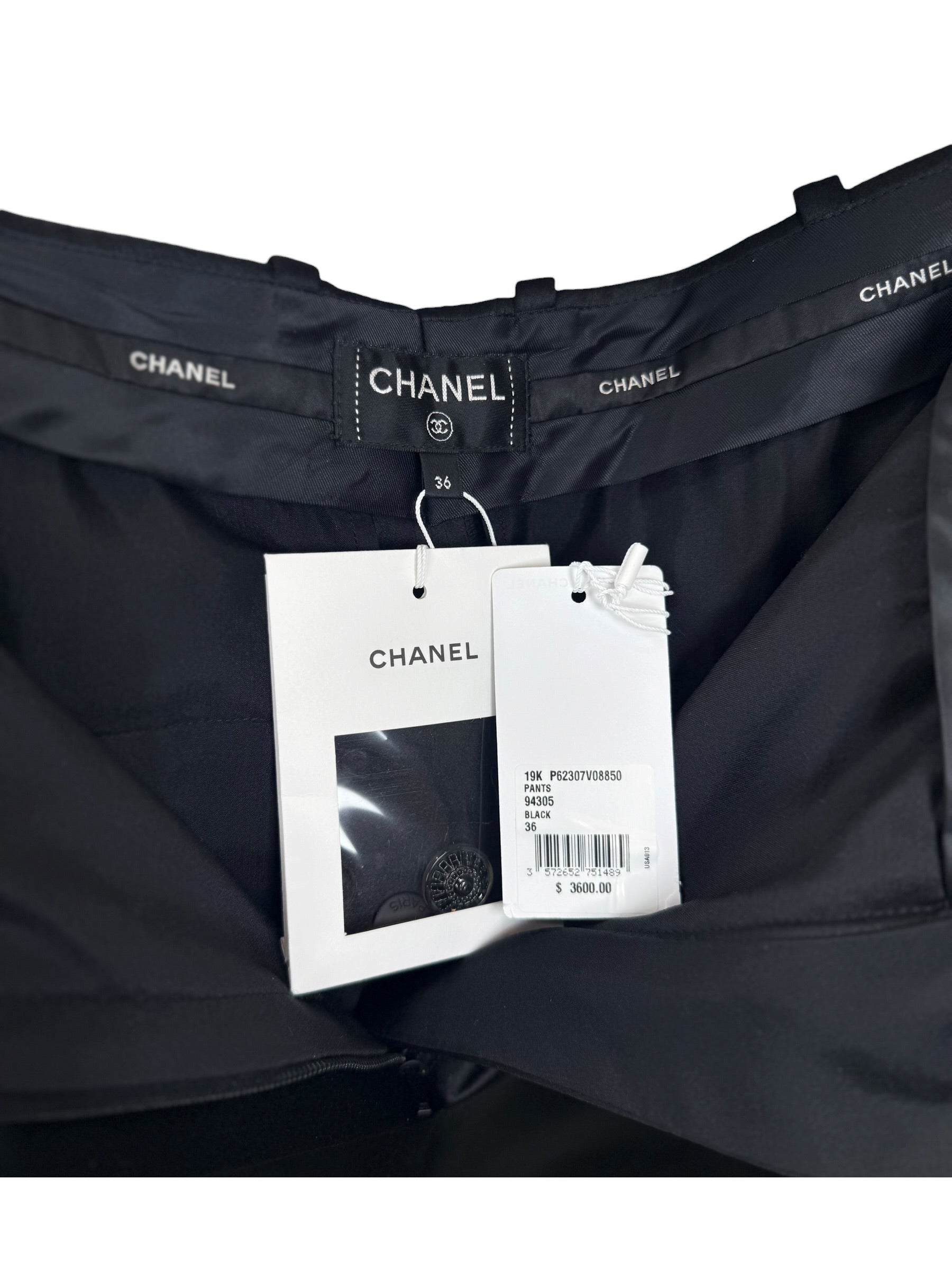Chanel 2019 Black Silk Tailored Trousers CC Buttons FR36