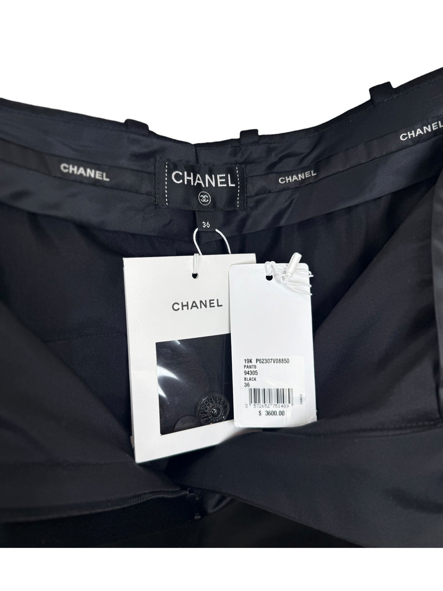 Chanel 2019 Black Silk Tailored Trousers CC Buttons FR36