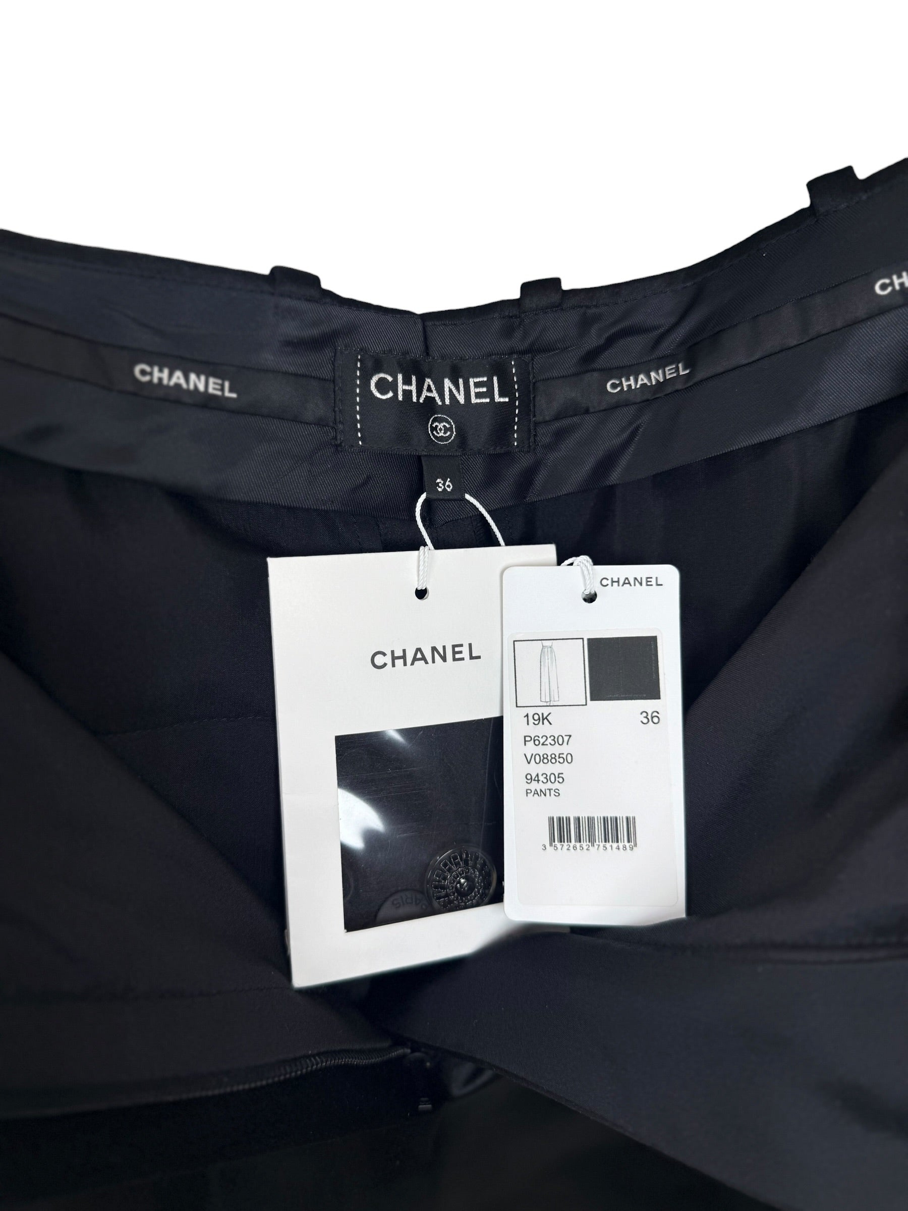 Chanel 2019 Black Silk Tailored Trousers CC Buttons FR36