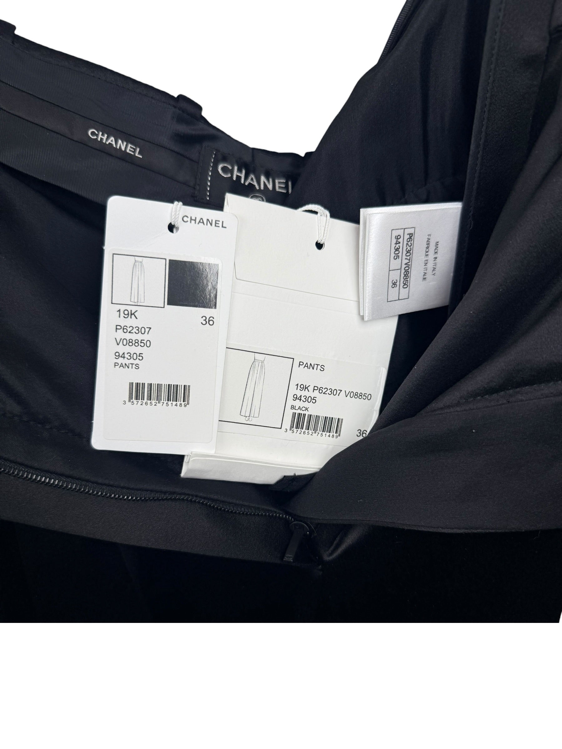 Chanel 2019 Black Silk Tailored Trousers CC Buttons FR36