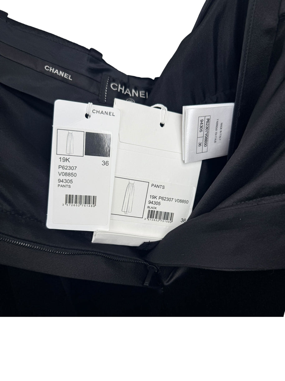 Chanel 2019 Black Silk Tailored Trousers CC Buttons FR36