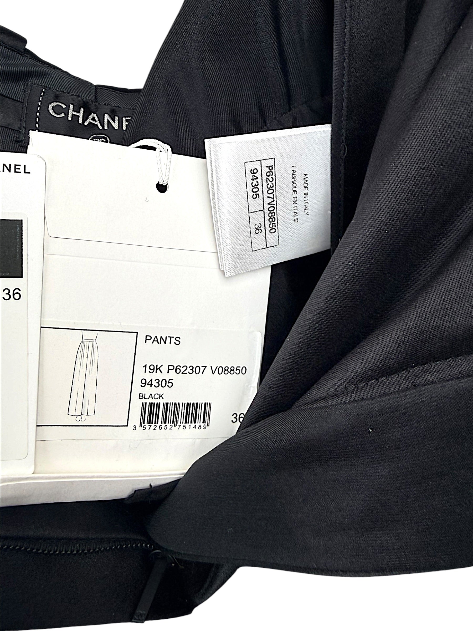 Chanel 2019 Black Silk Tailored Trousers CC Buttons FR36