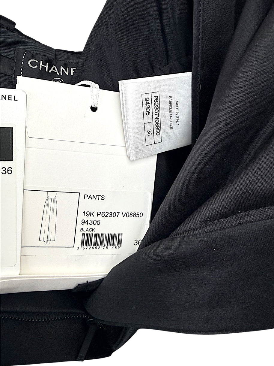 Chanel 2019 Black Silk Tailored Trousers CC Buttons FR36