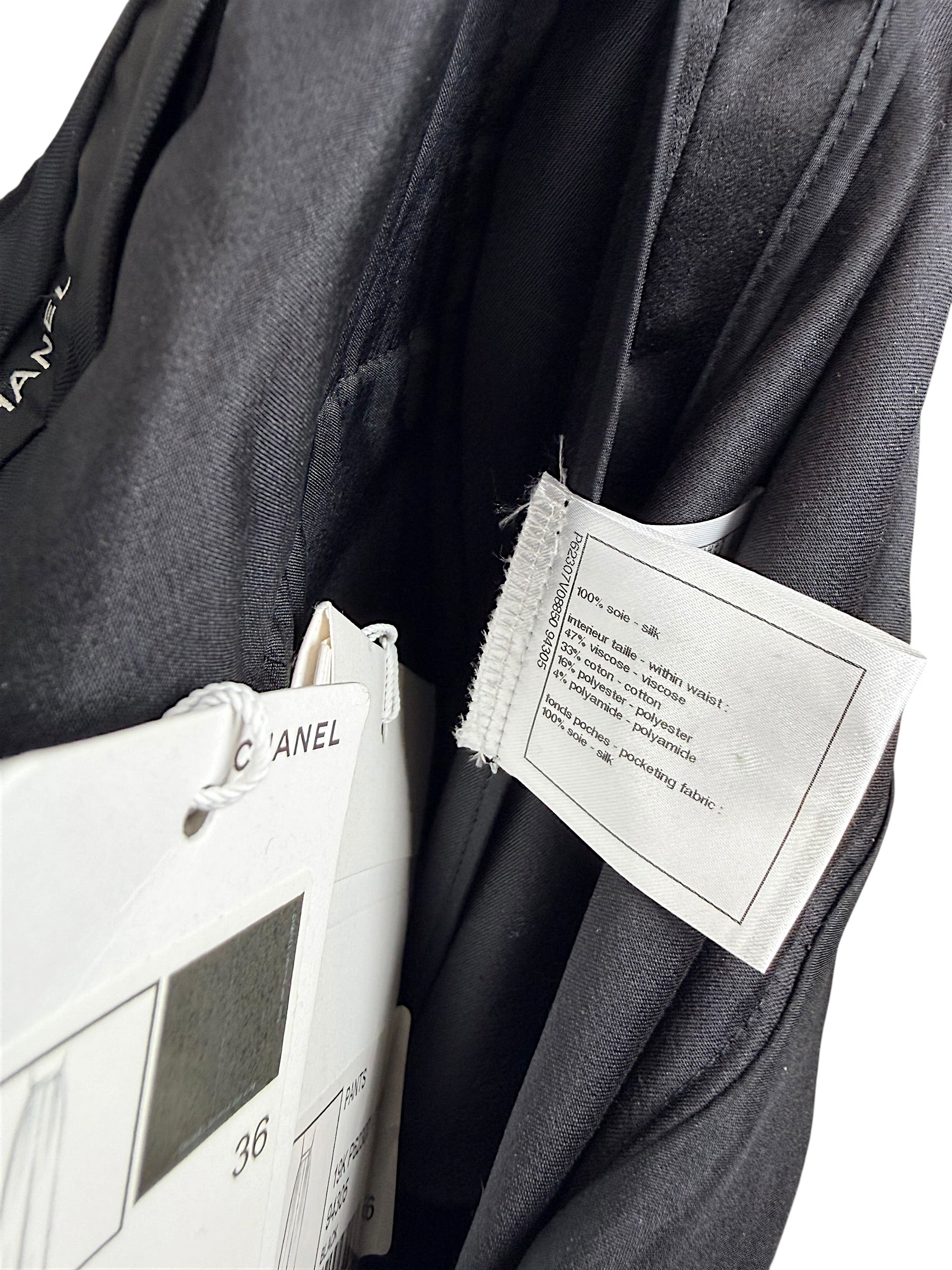 Chanel 2019 Black Silk Tailored Trousers CC Buttons FR36