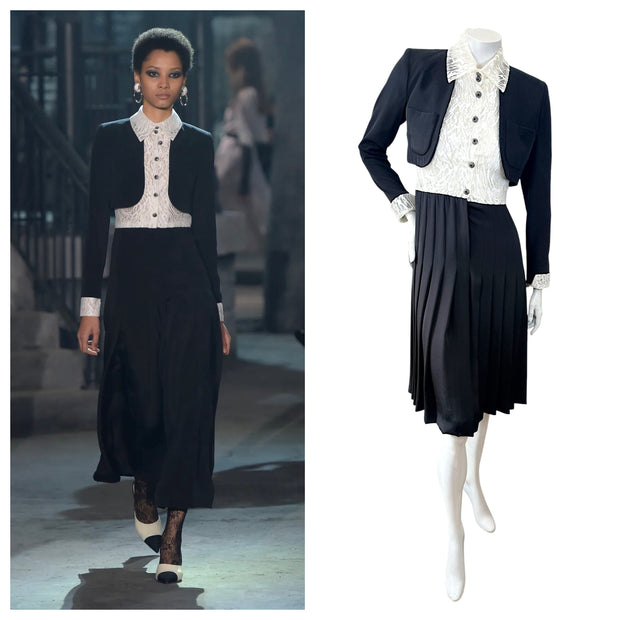 Chanel Pre-Fall 2016 Lace Bodice Pleated Dress & Cropped Jacket Set FR36