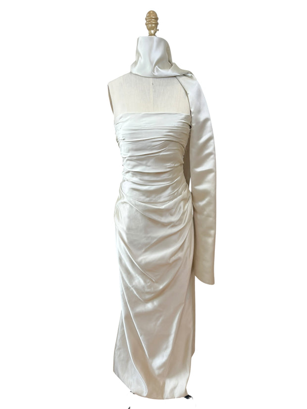 Givenchy Ivory Satin Ruched Column Evening Dress with Silk Sash Scarf Riccardo Tisci Era