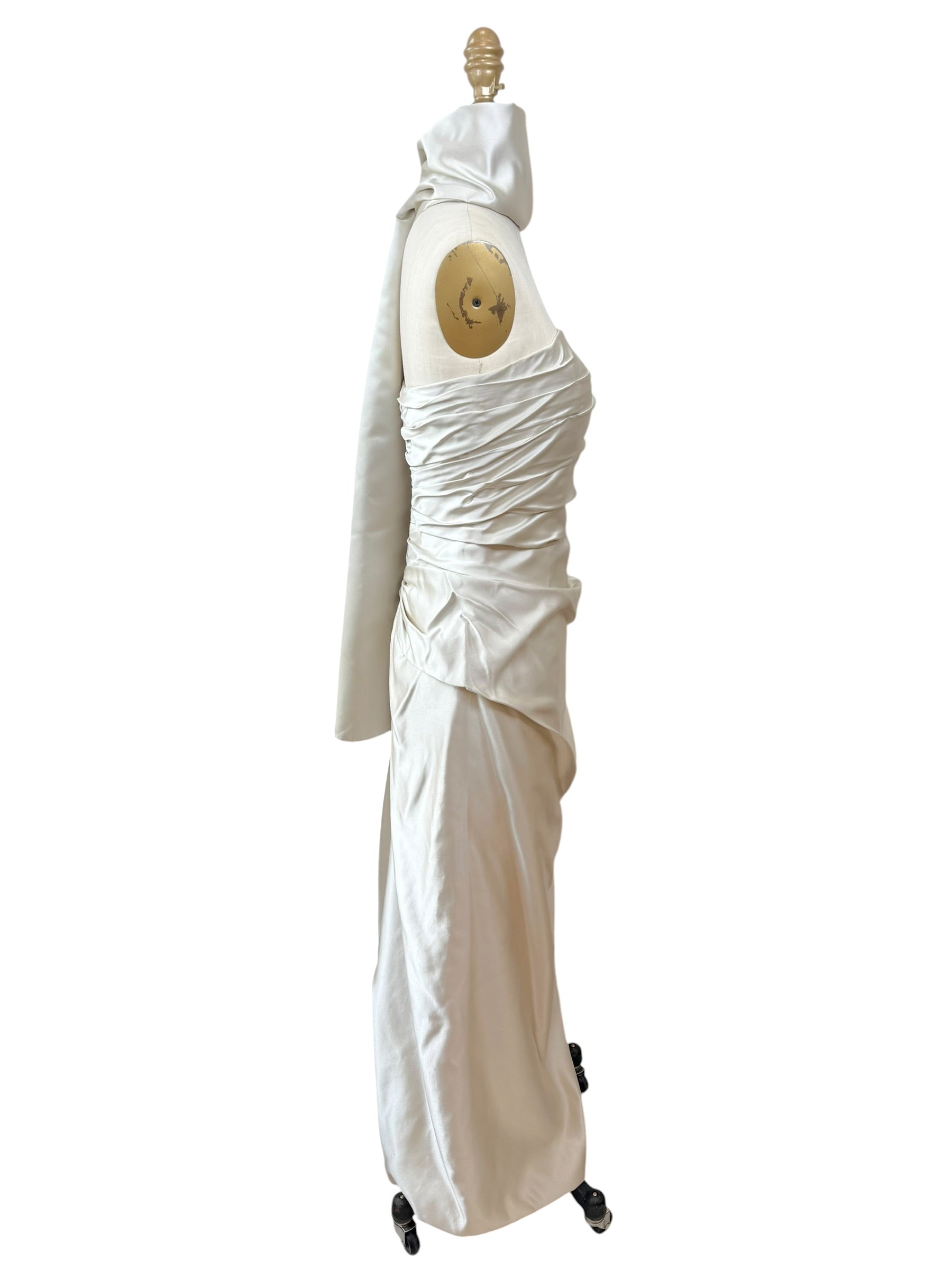 Givenchy Ivory Satin Ruched Column Evening Dress with Silk Sash Scarf Riccardo Tisci Era