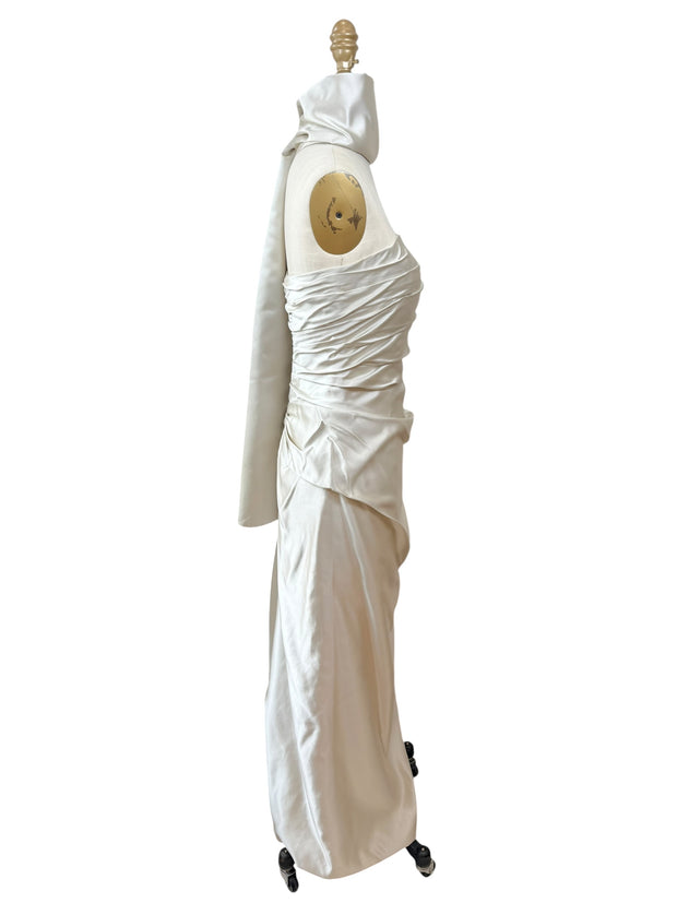 Givenchy Ivory Satin Ruched Column Evening Dress with Silk Sash Scarf Riccardo Tisci Era