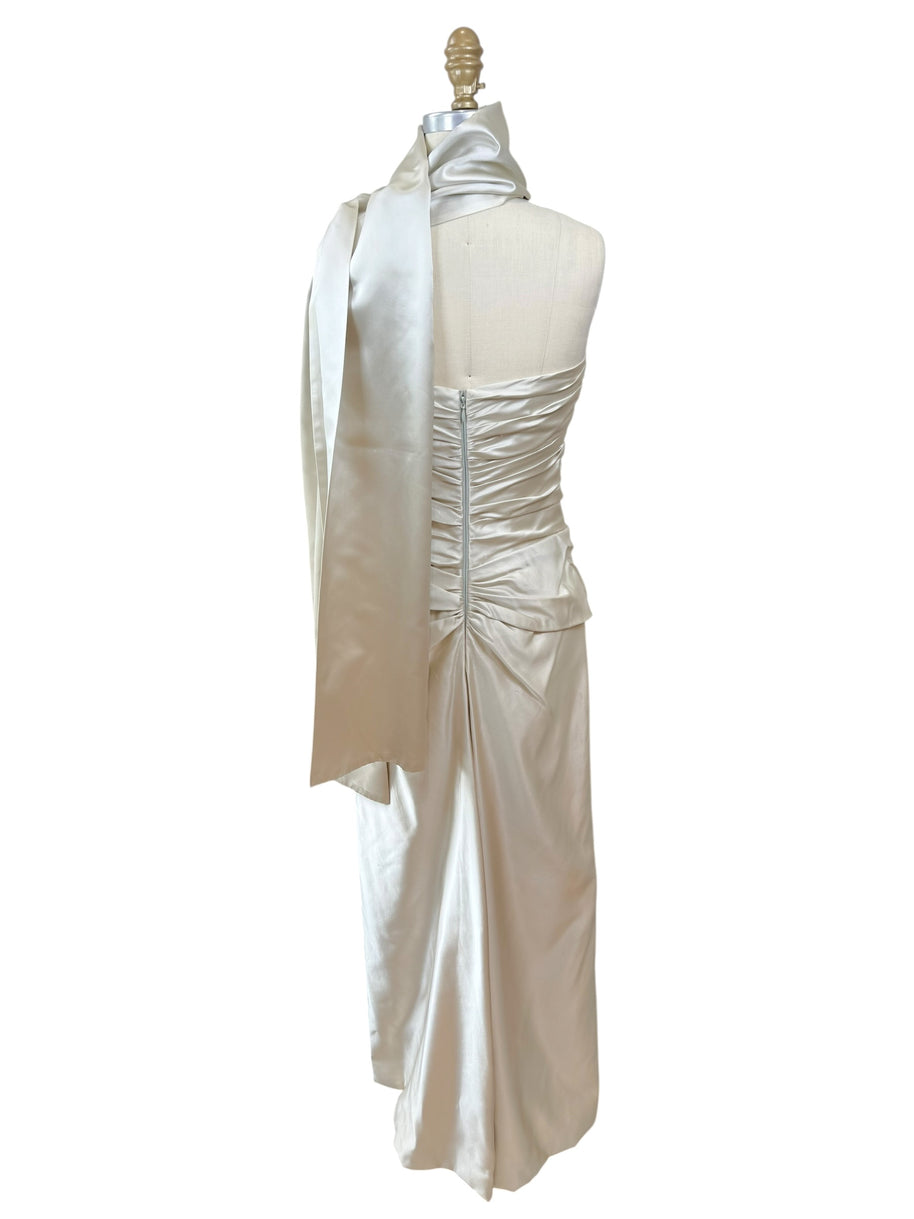 Givenchy Ivory Satin Ruched Column Evening Dress with Silk Sash Scarf Riccardo Tisci Era