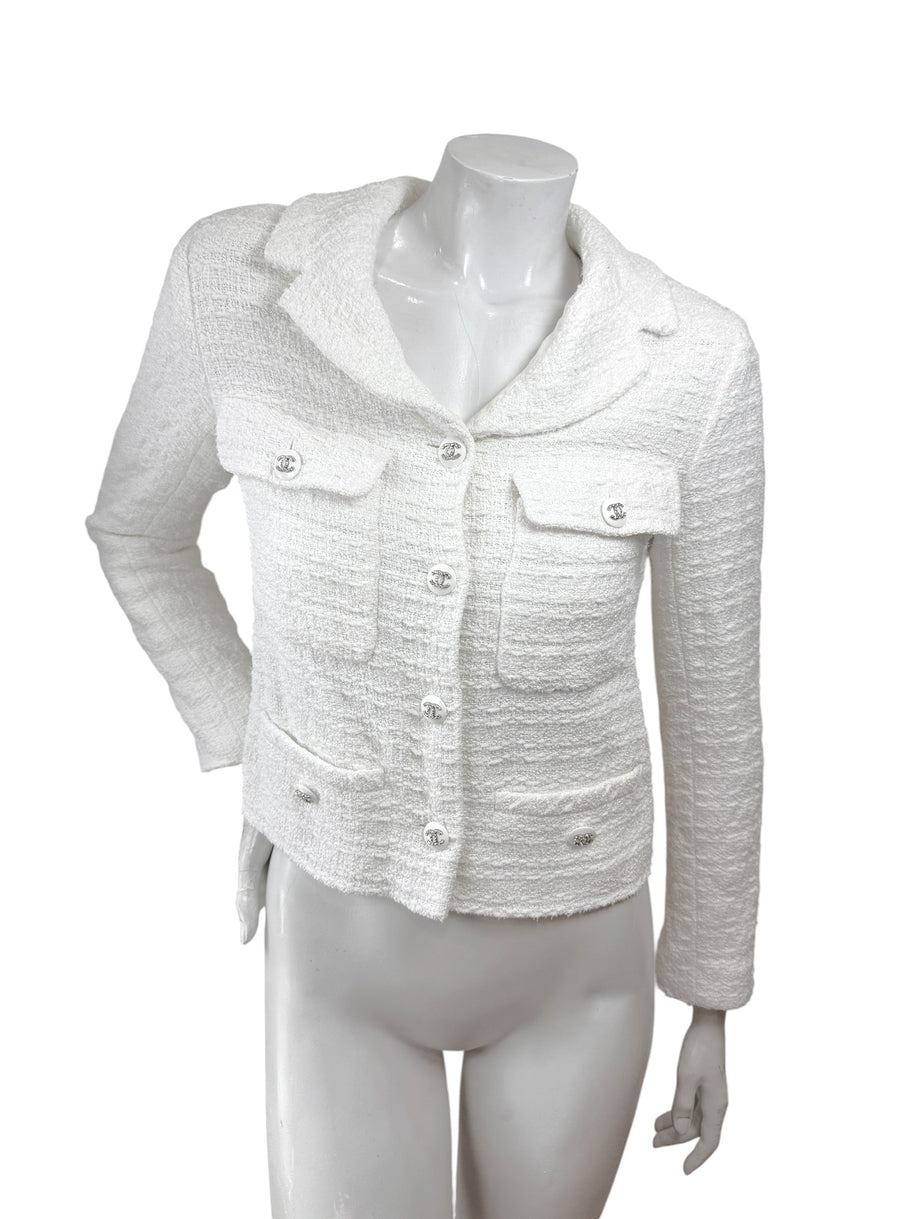 Chanel Spring Summer 2022 White Bouclé CC Button Jacket FR34