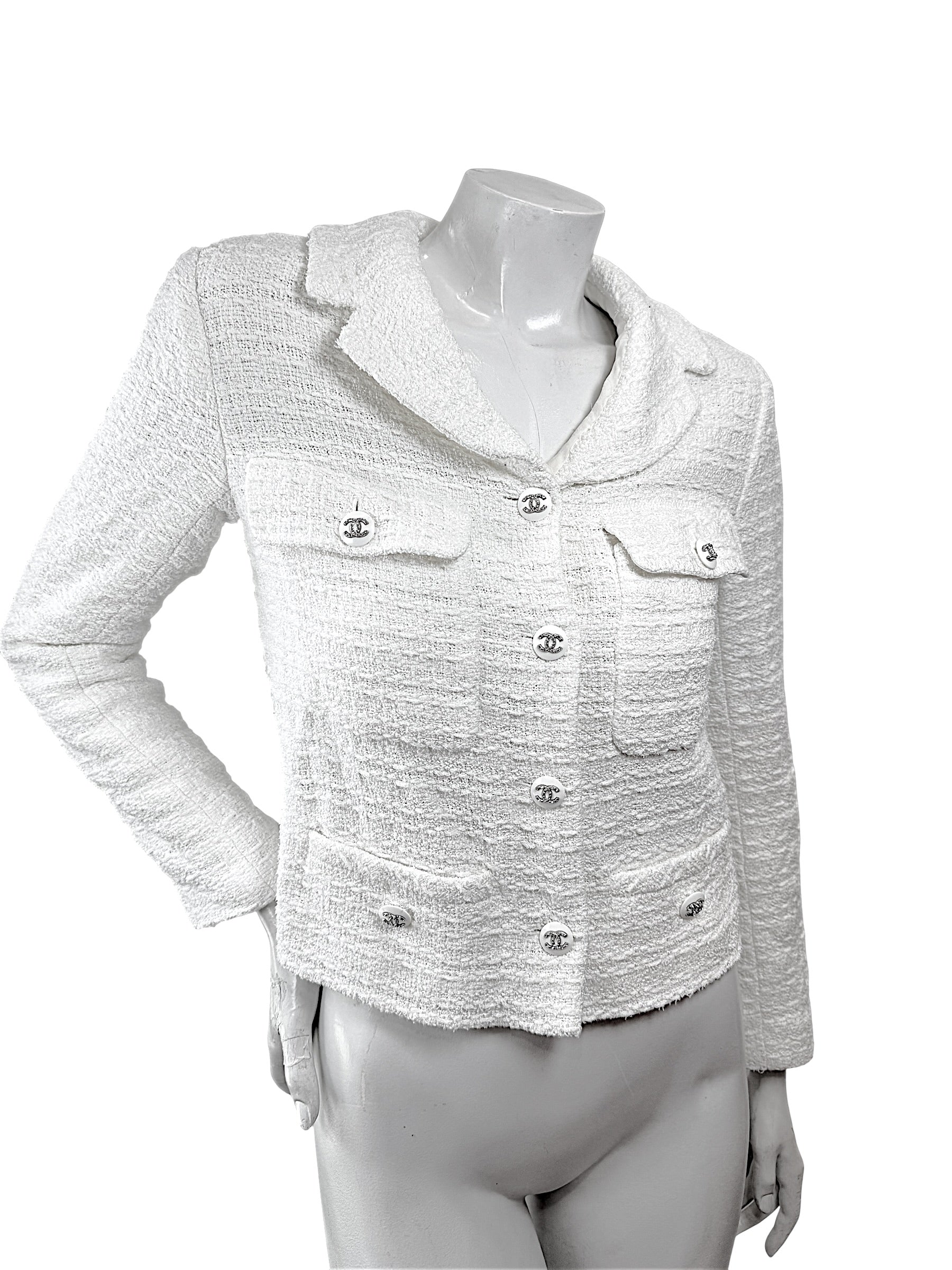 Chanel Spring Summer 2022 White Bouclé CC Button Jacket FR34